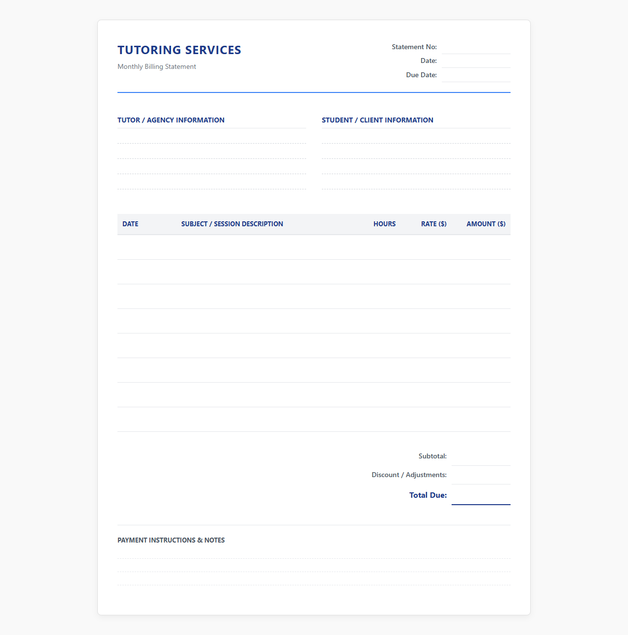 Monthly Tutoring Services Billing Statement