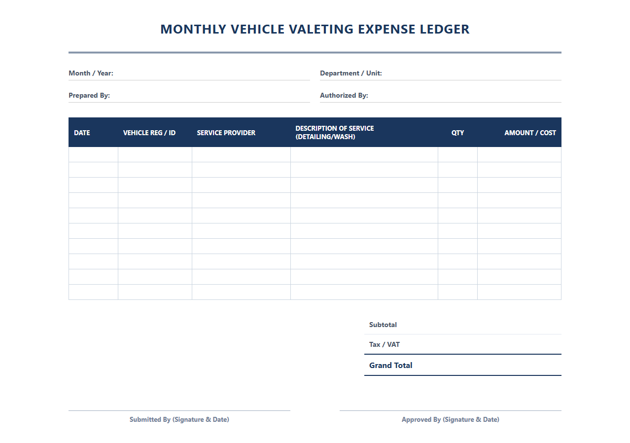 Monthly Vehicle Valeting Expense Ledger