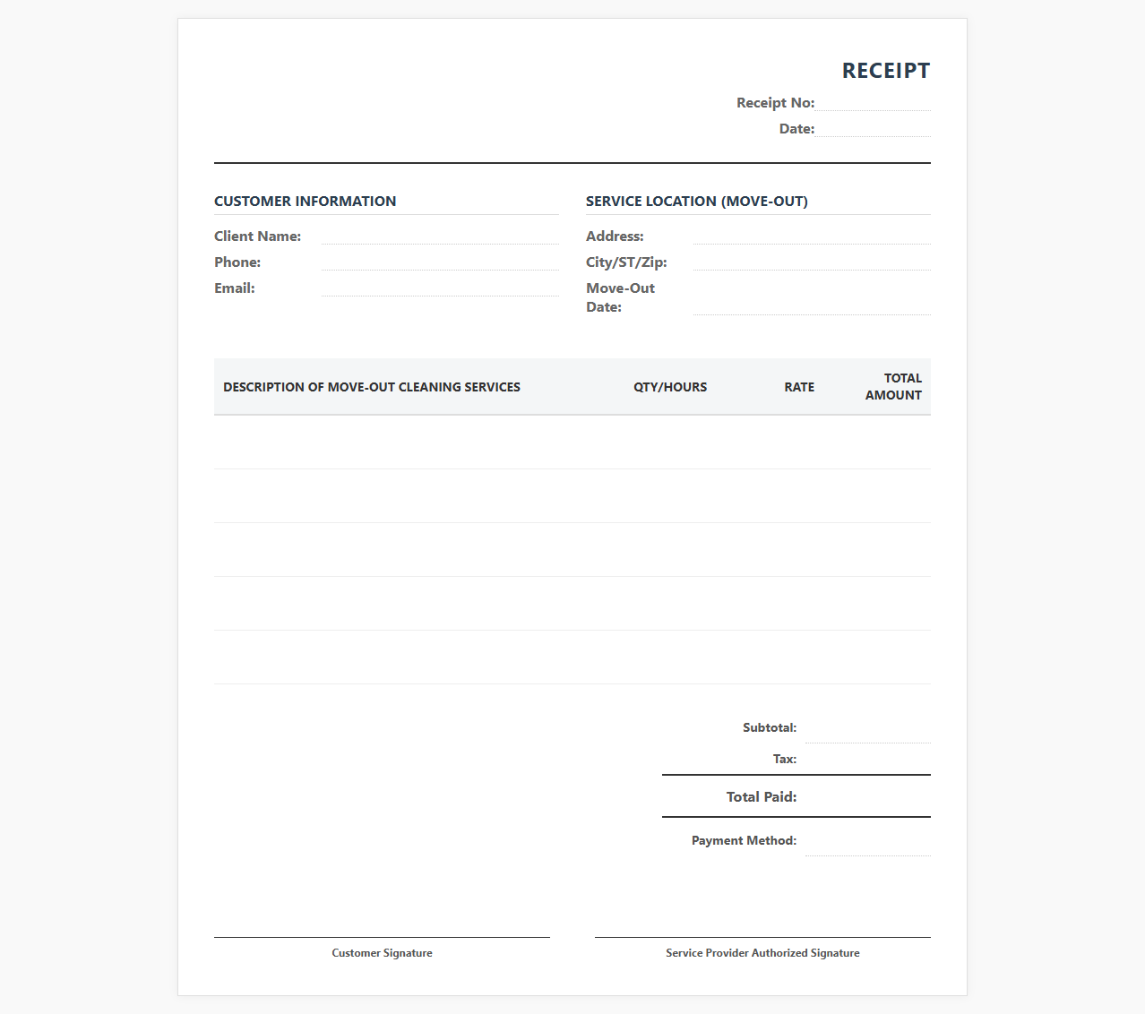 Move Out Cleaning Service Receipt