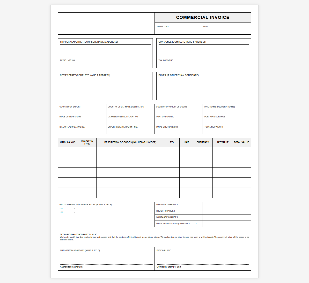 Multi-Currency International Shipping Commercial Invoice