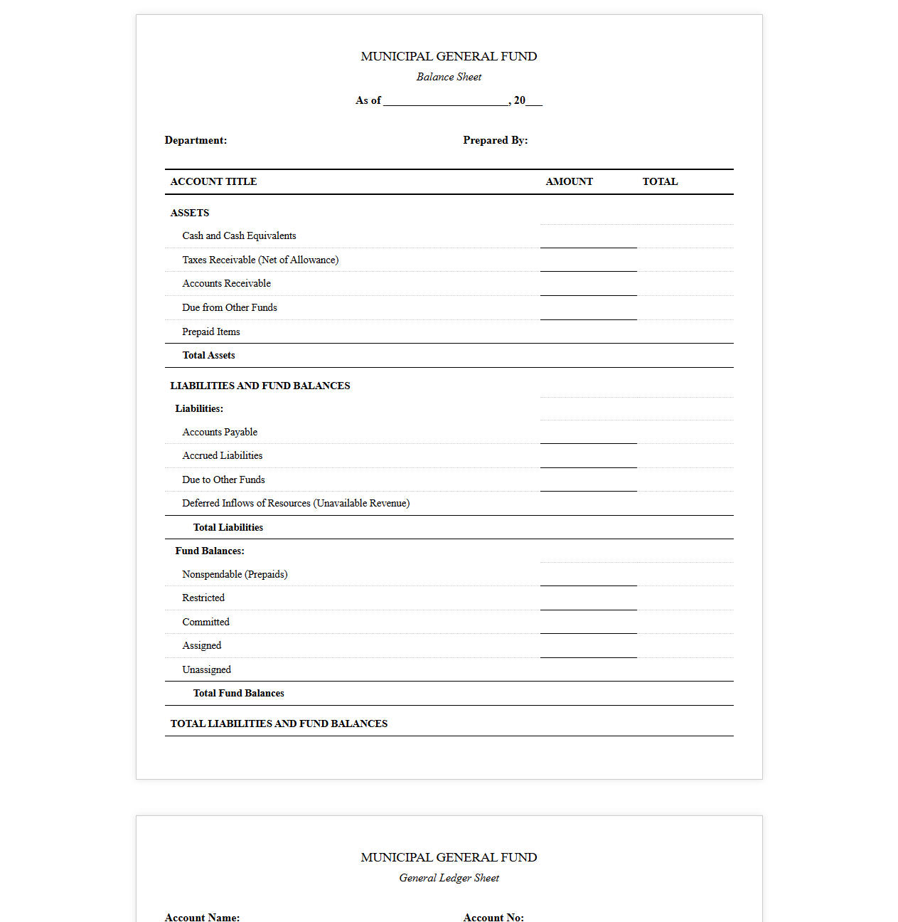 Municipal General Fund Balance Sheet and Ledger Sheet