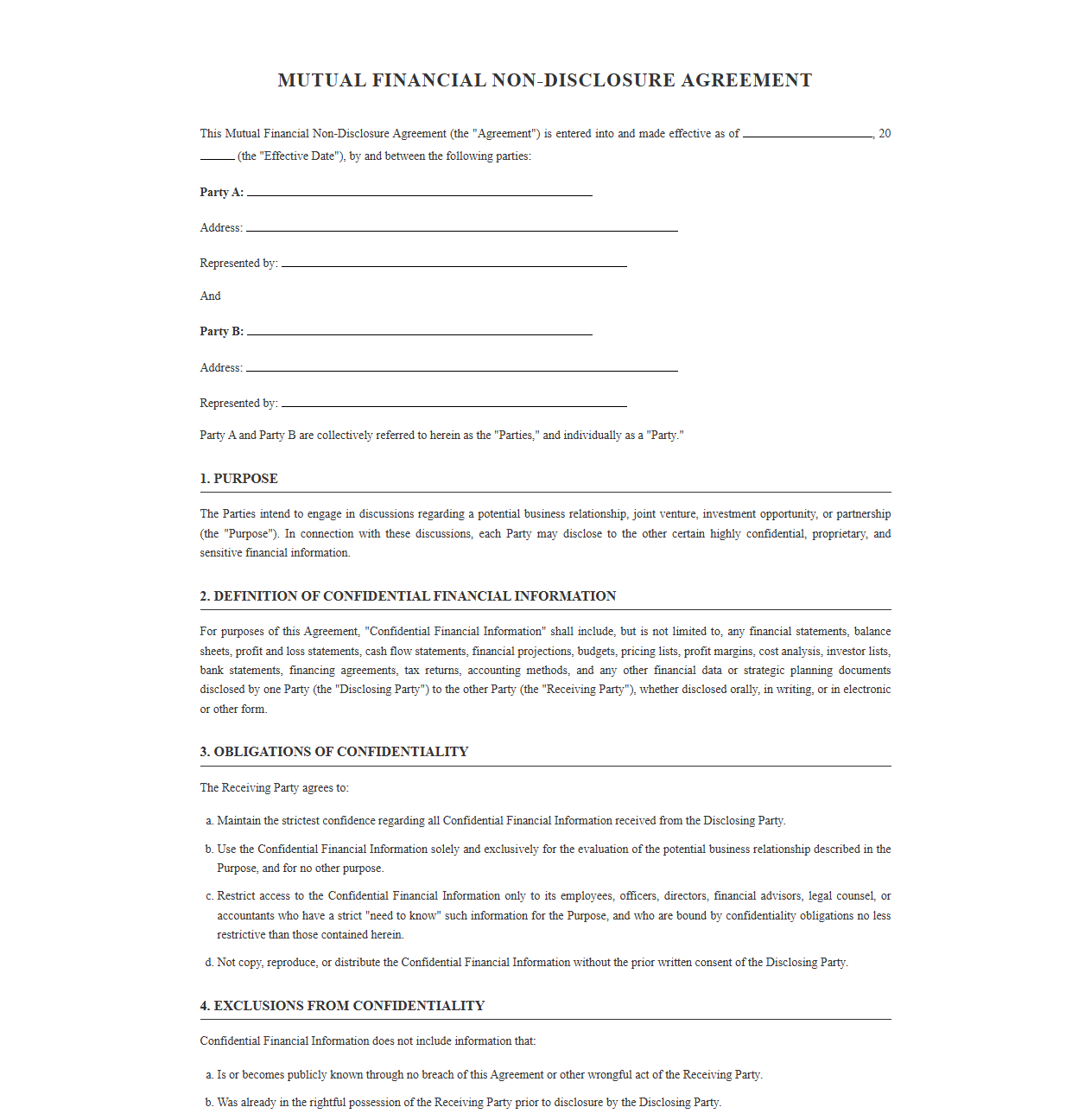 Mutual Financial NDA Template for Business Partners