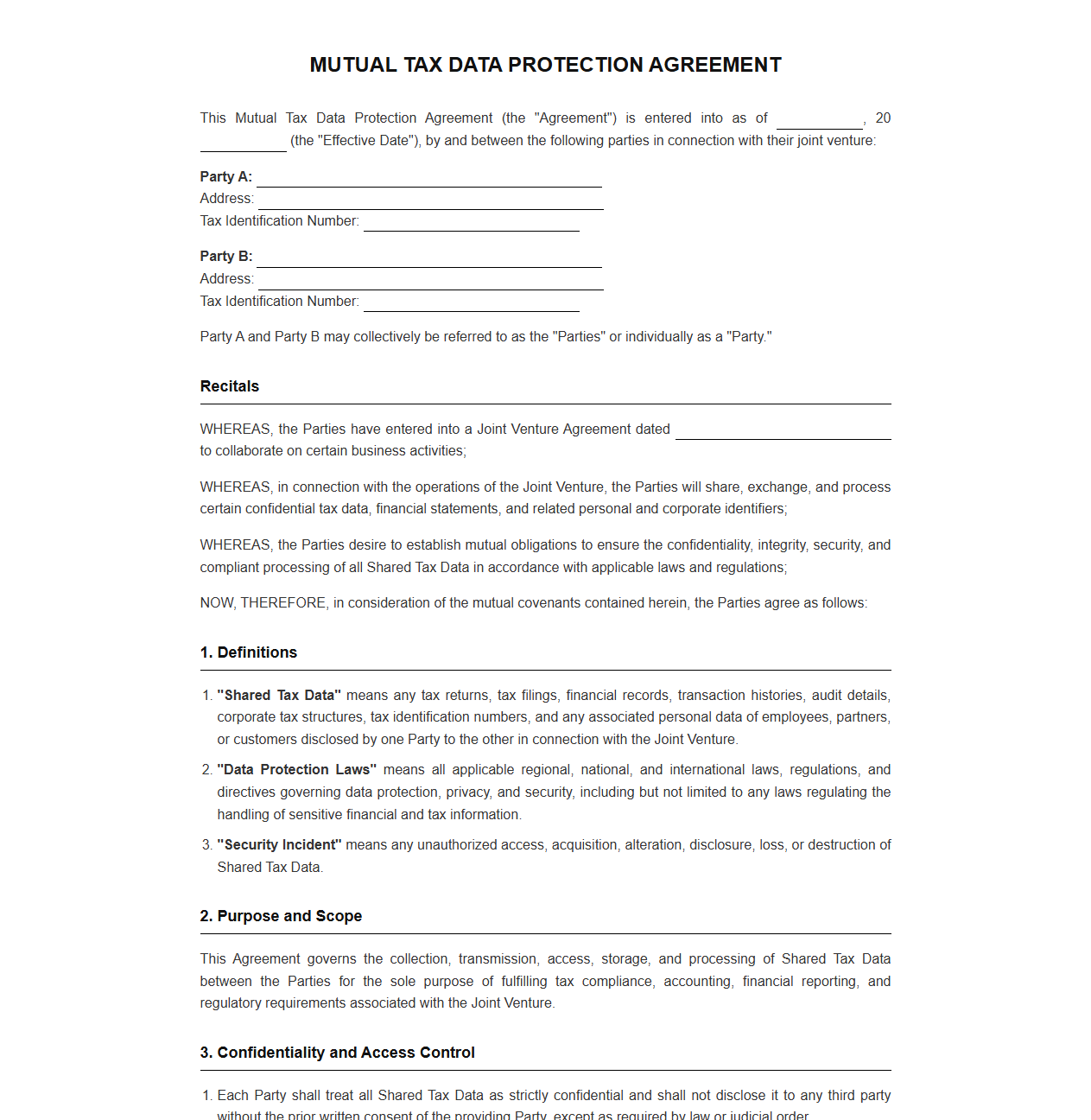 Mutual Tax Data Protection Agreement for Joint Ventures