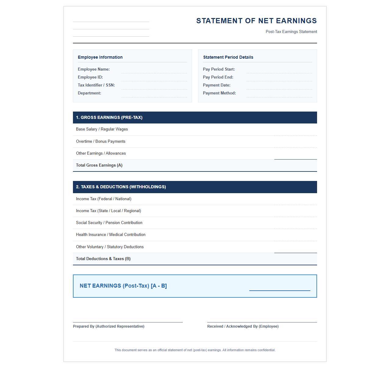 Net Earnings Statement Template