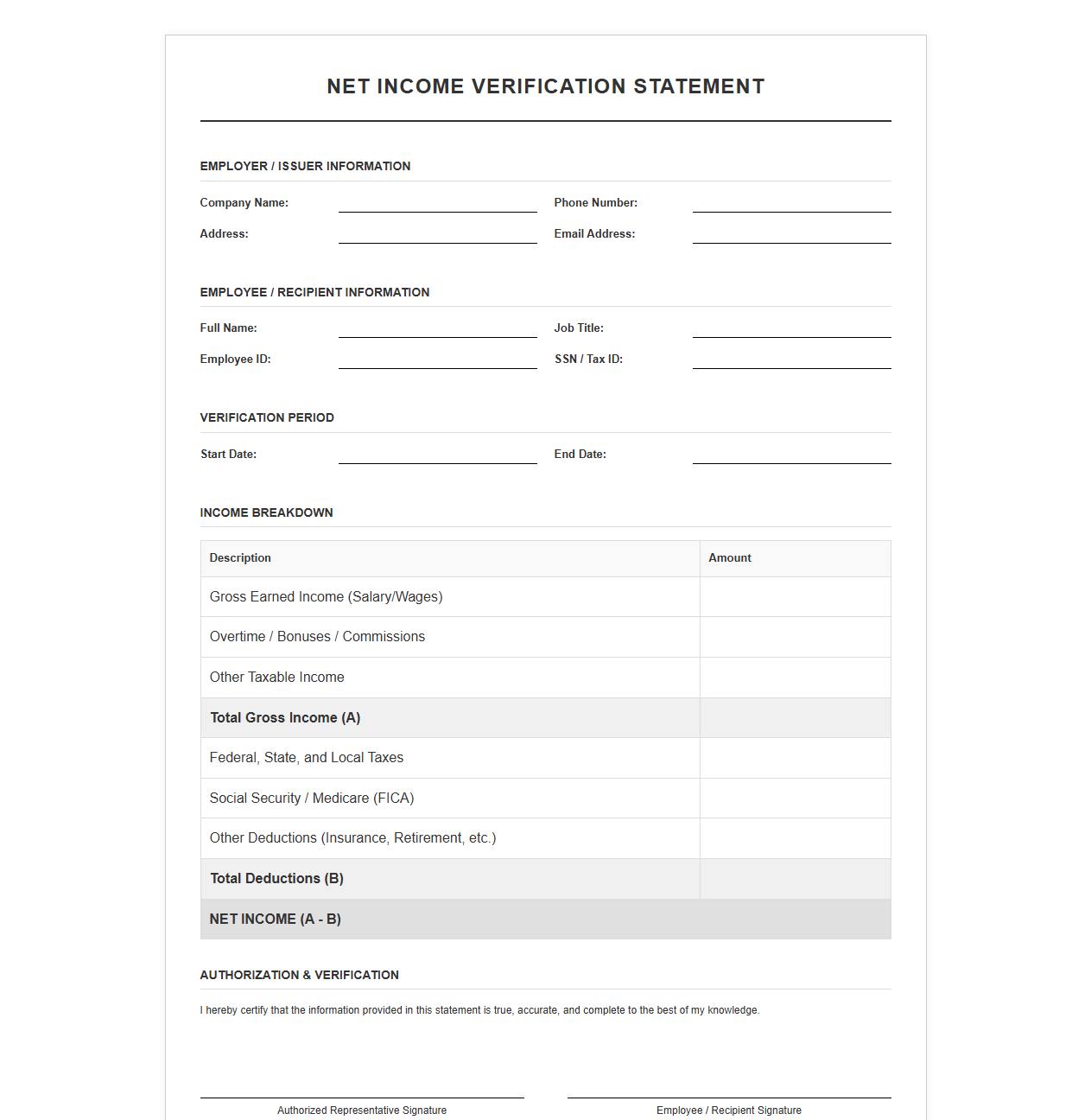 Net Income Verification Statement Template