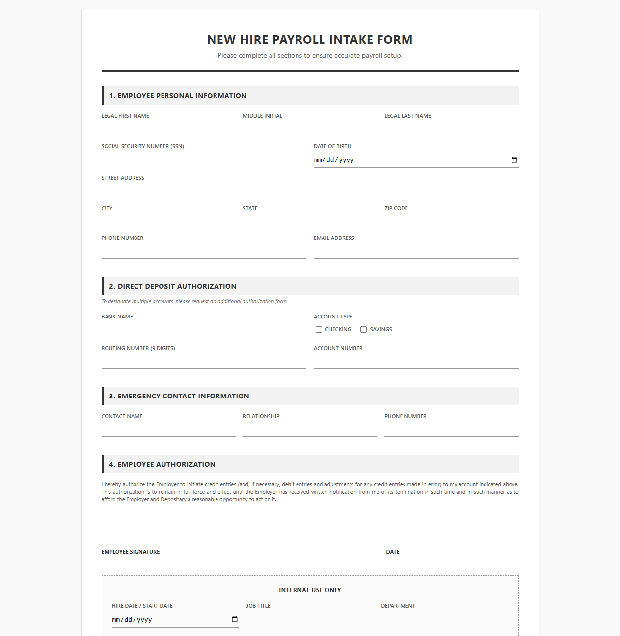 New Hire Payroll Intake Form