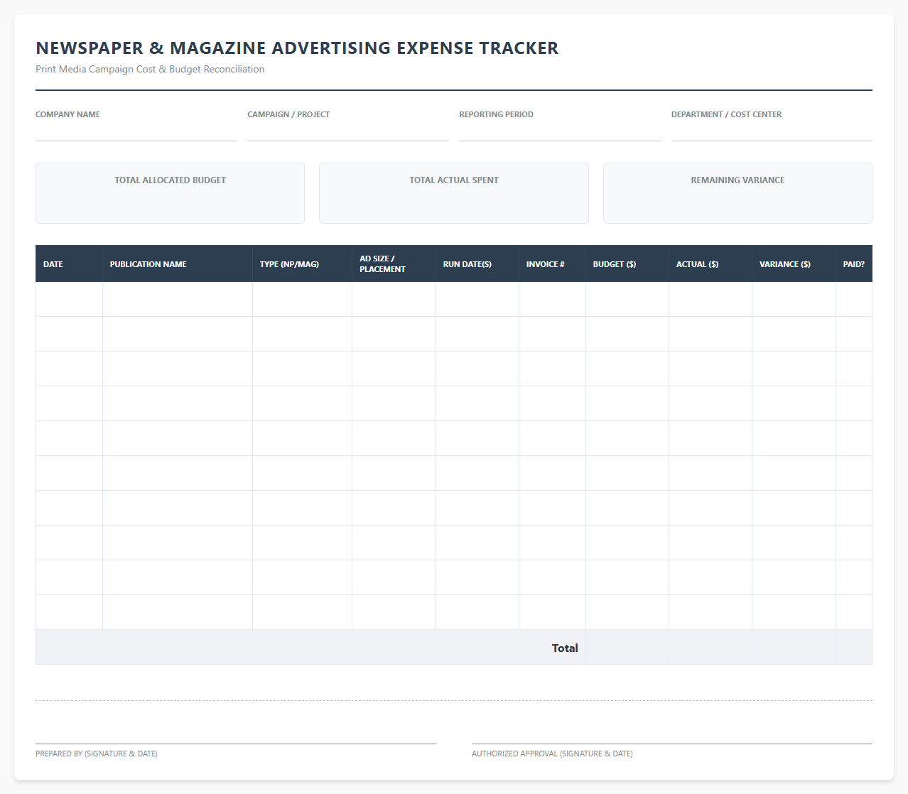 Newspaper and Magazine Advertising Expense Tracker