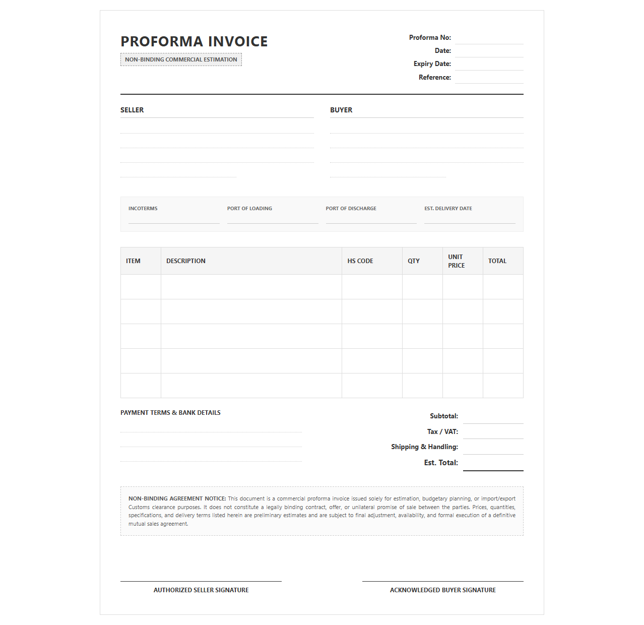 Non Binding Commercial Proforma Invoice Template