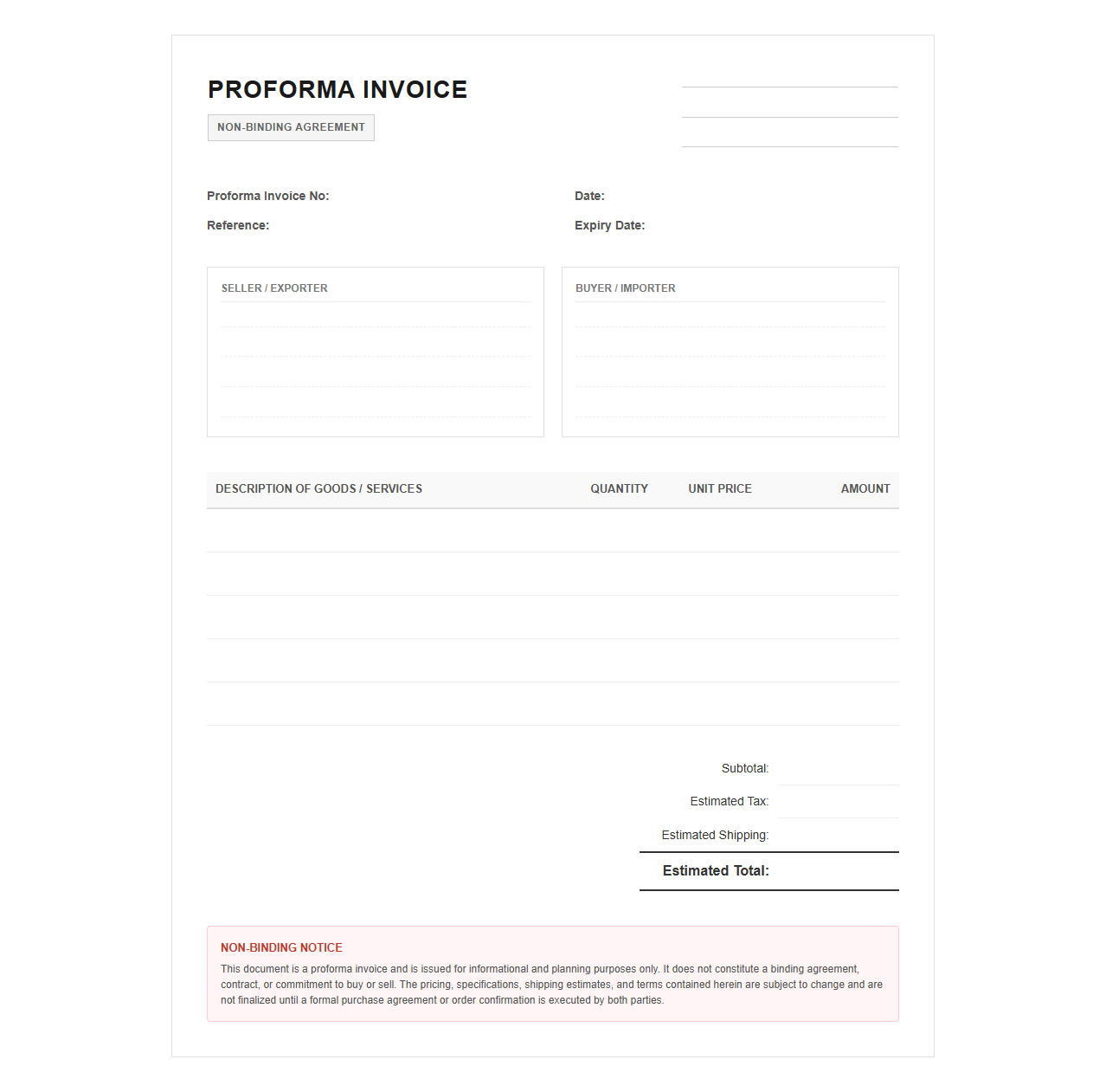 Non Binding Proforma Invoice Template