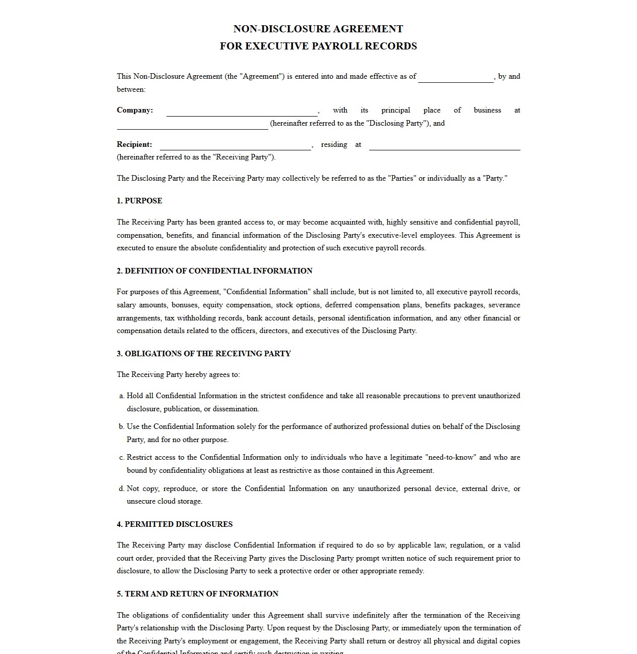 Non-Disclosure Agreement for Executive Payroll Records