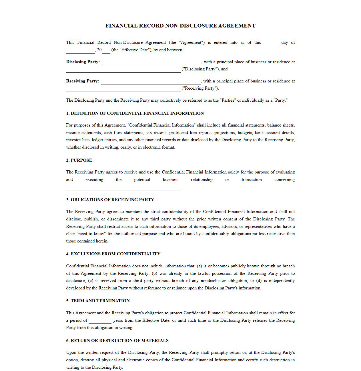 Non-Disclosure Agreement for Financial Statements