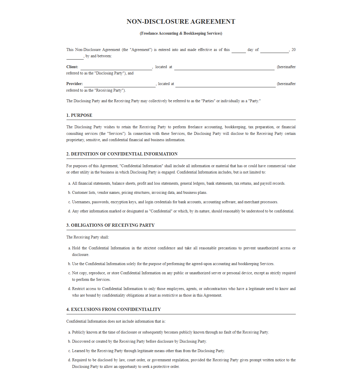 Non-Disclosure Agreement for Freelance Accounting and Bookkeeping