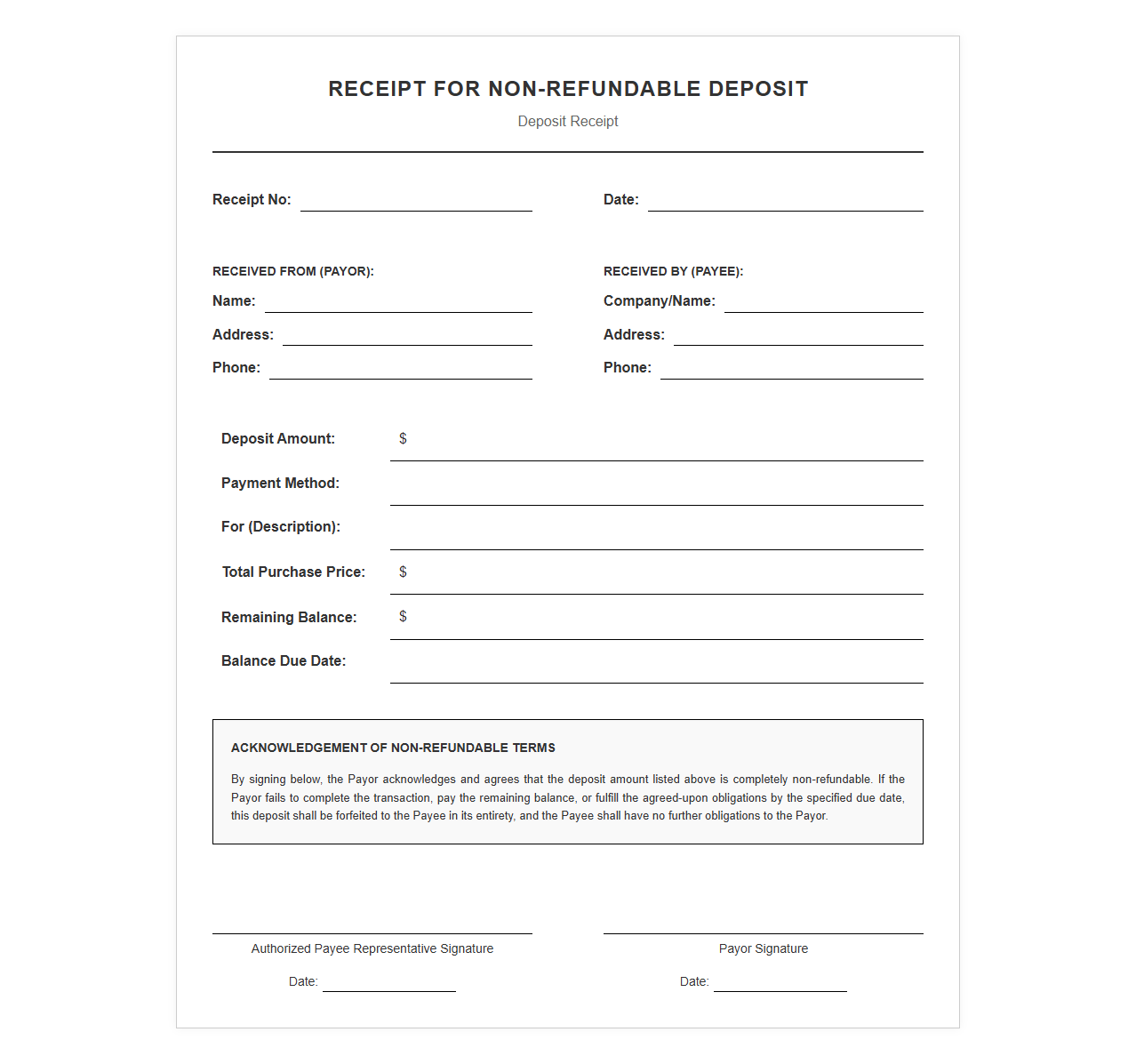 Non-Refundable Deposit Receipt Template