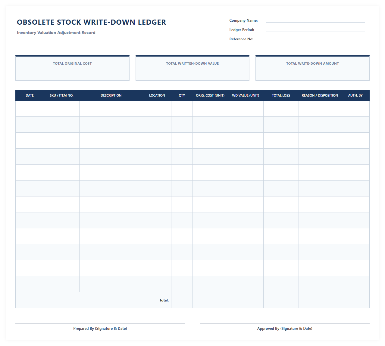 Obsolete Stock Write-Down Ledger Sheet