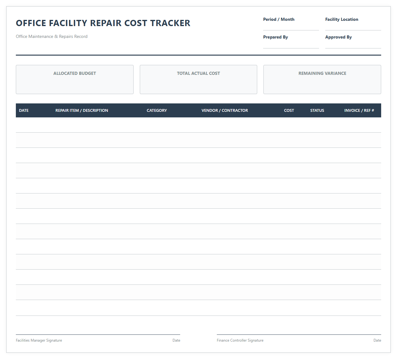 Office Facility Repair Cost Tracker