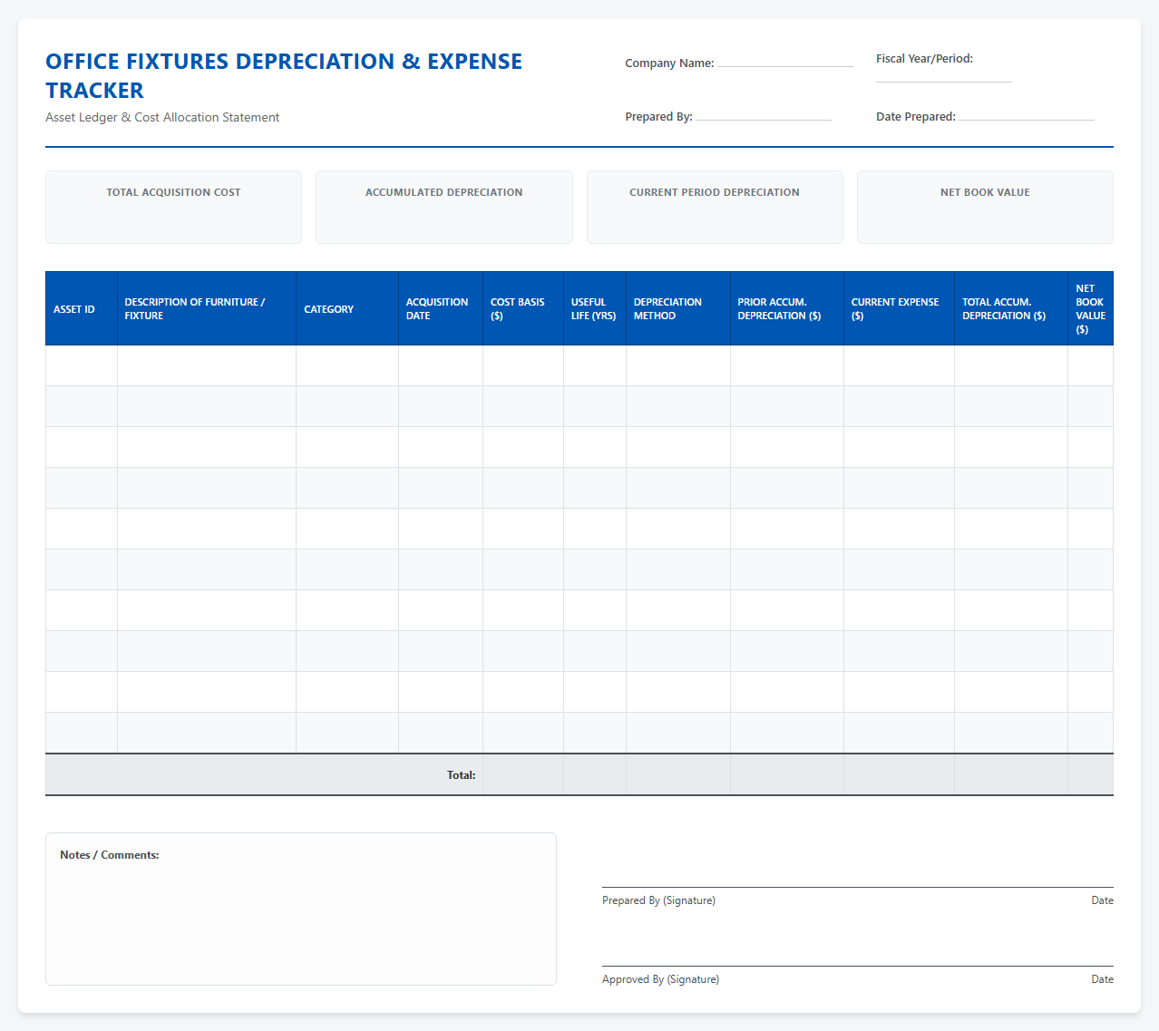 Office Fixtures Depreciation and Expense Tracker