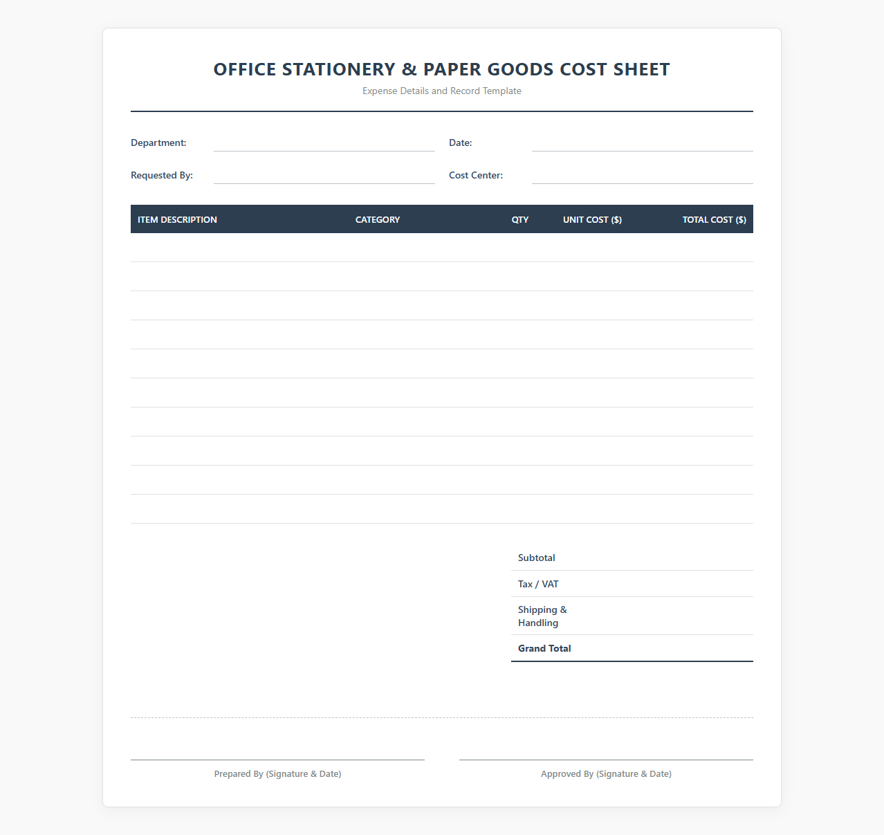 Office Stationery and Paper Goods Cost Sheet
