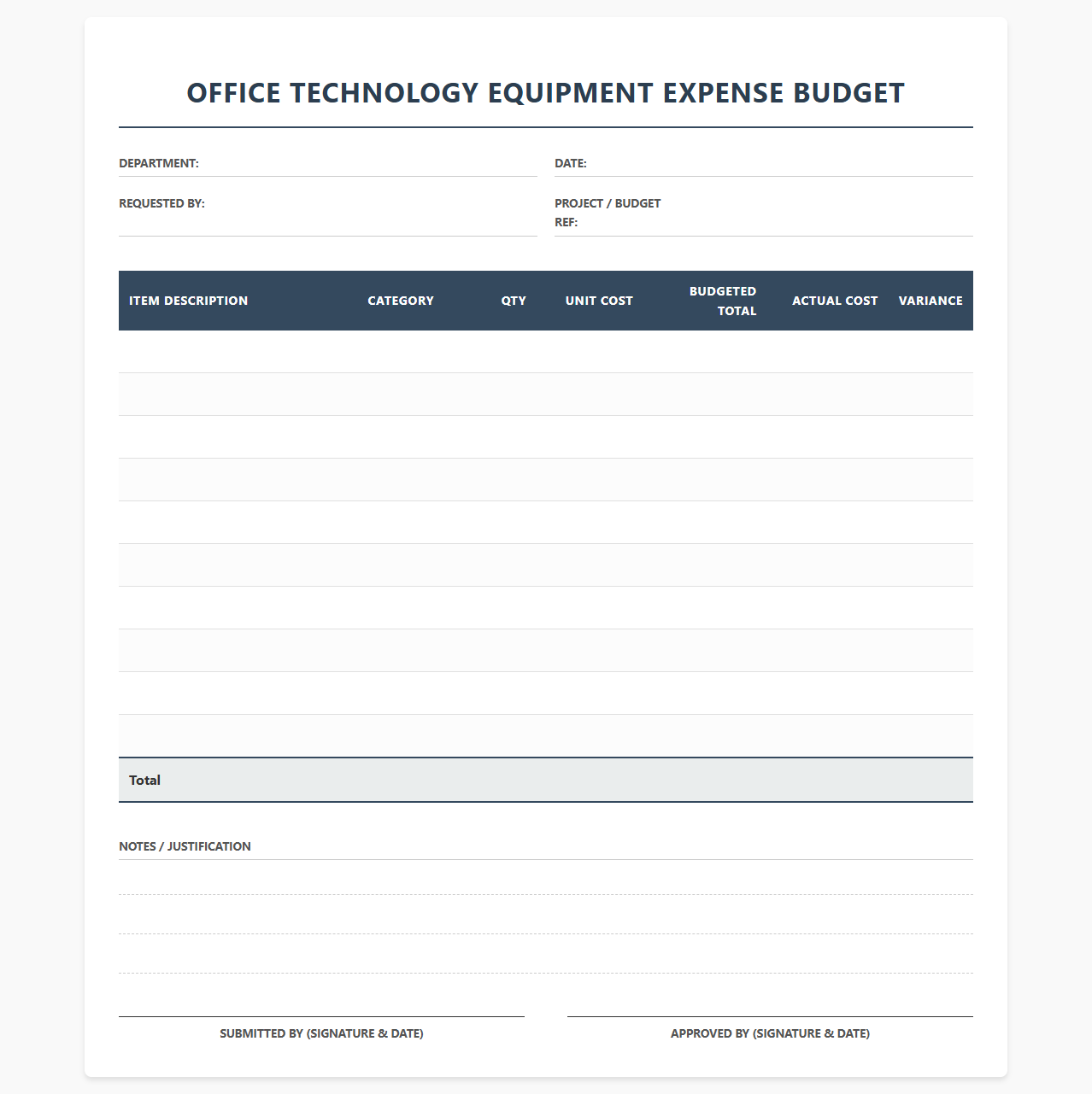 Office Technology Equipment Expense Budget Template