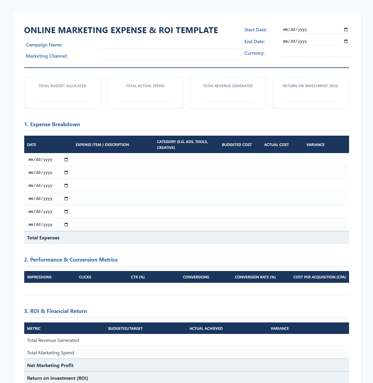 Online Marketing Expense and ROI Template