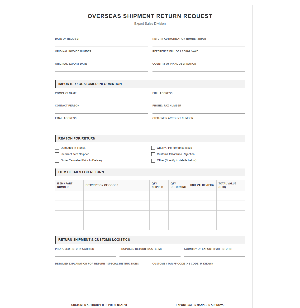 Overseas Shipment Return Request Template
