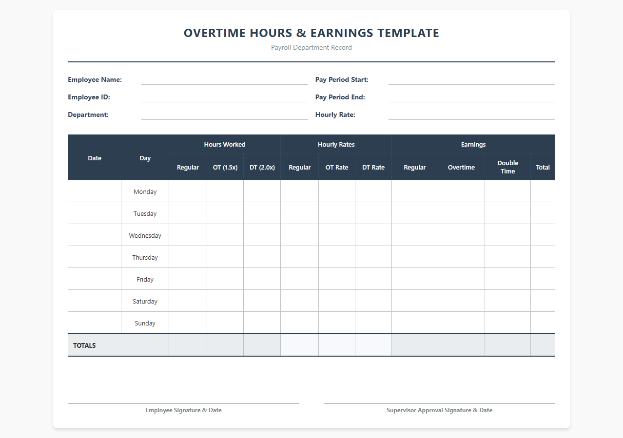 Overtime Hours and Earnings Calculation Template