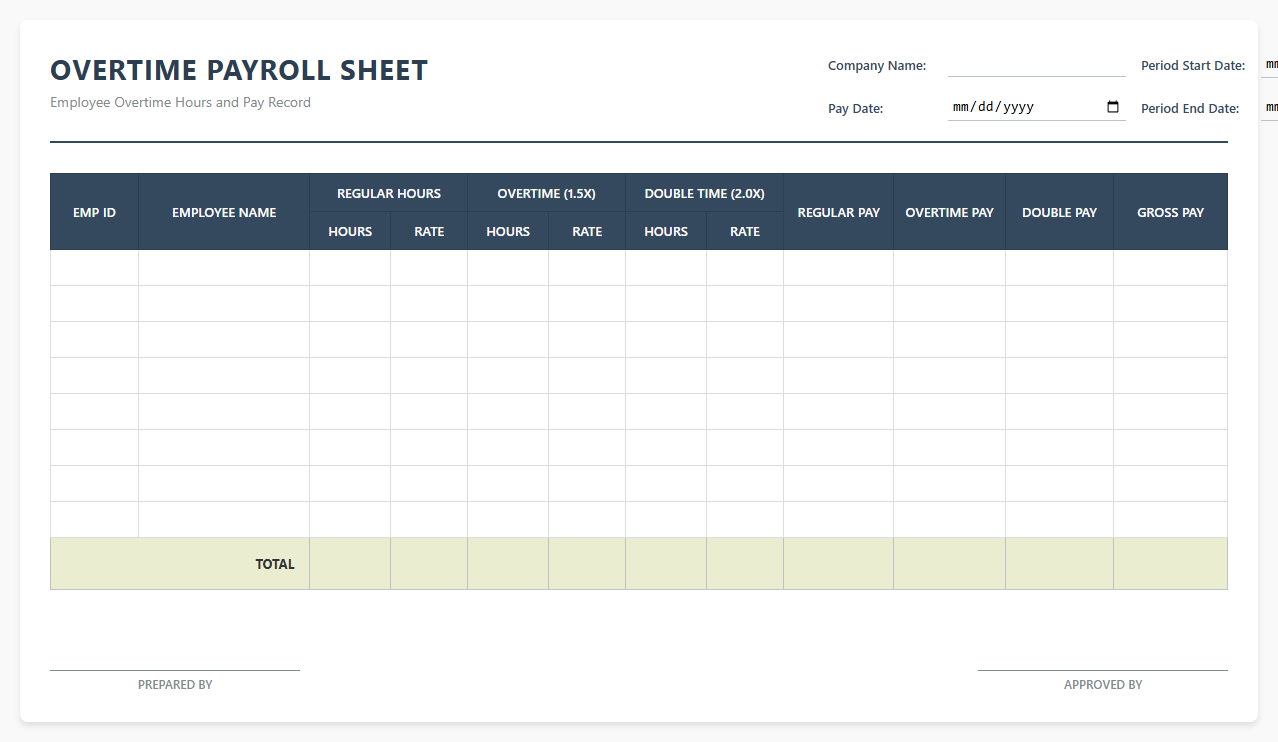 Overtime Hours Payroll Sheet