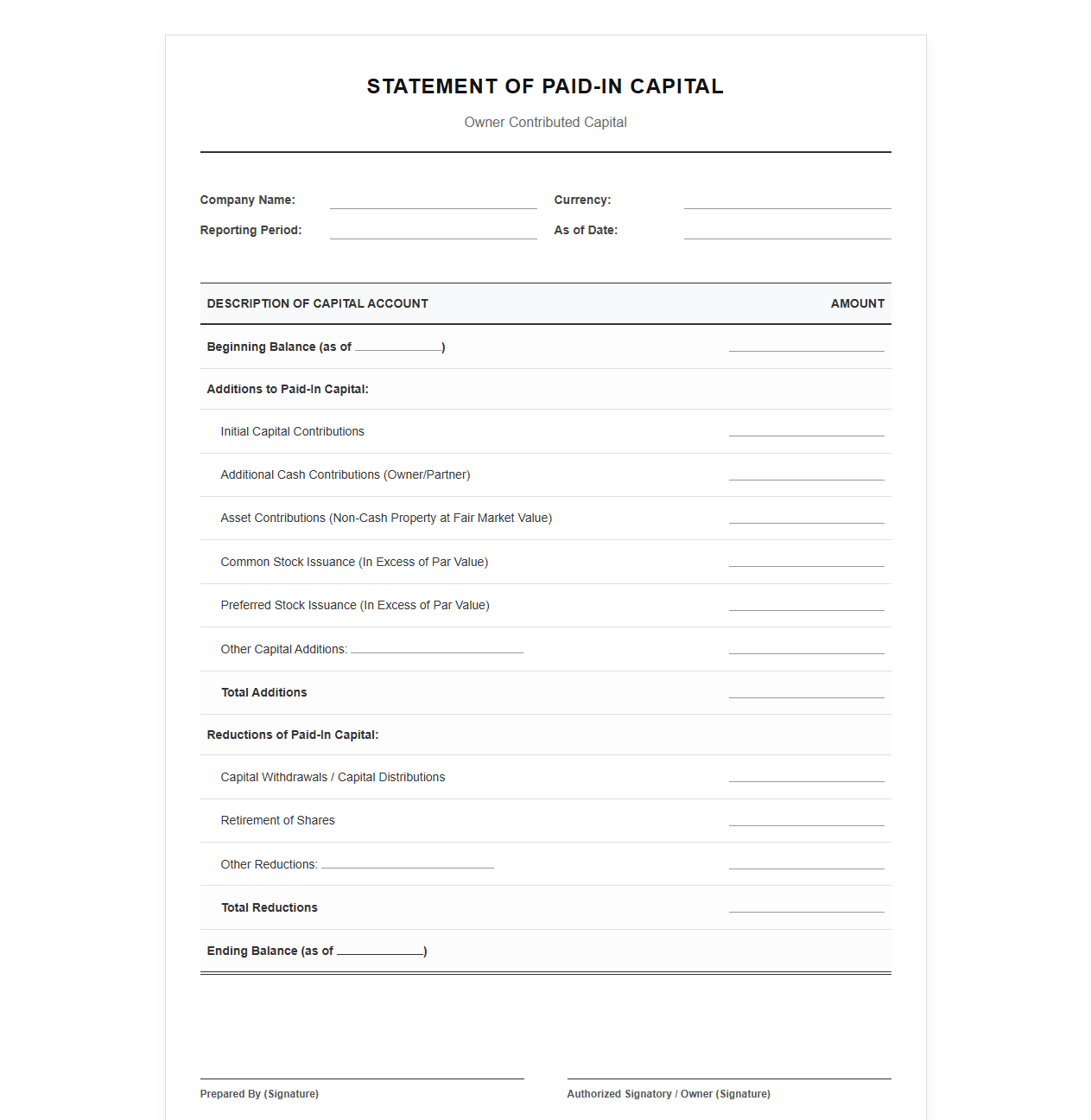 Owner Contributed Capital Statement Template