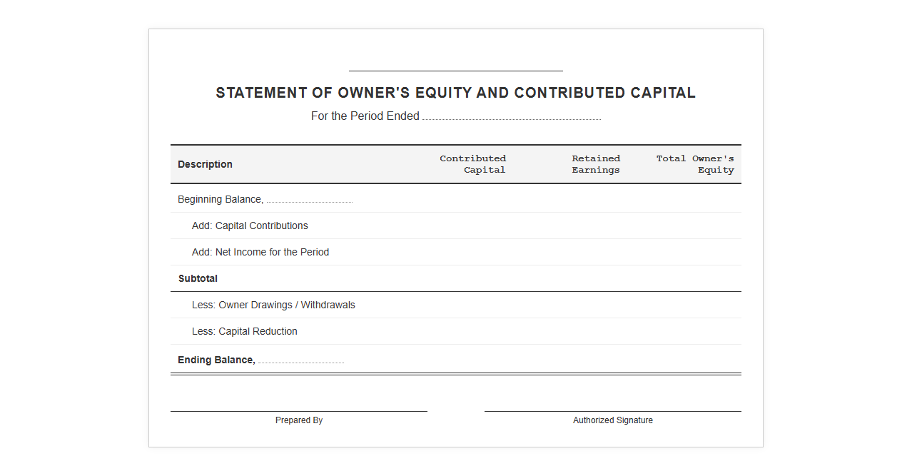 Owner Equity and Contributed Capital Statement