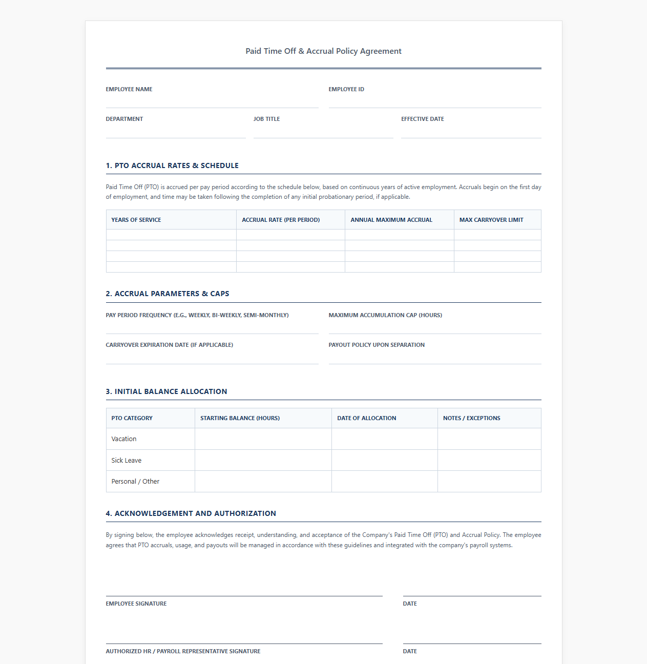 Paid Time Off and Accrual Policy Payroll Template