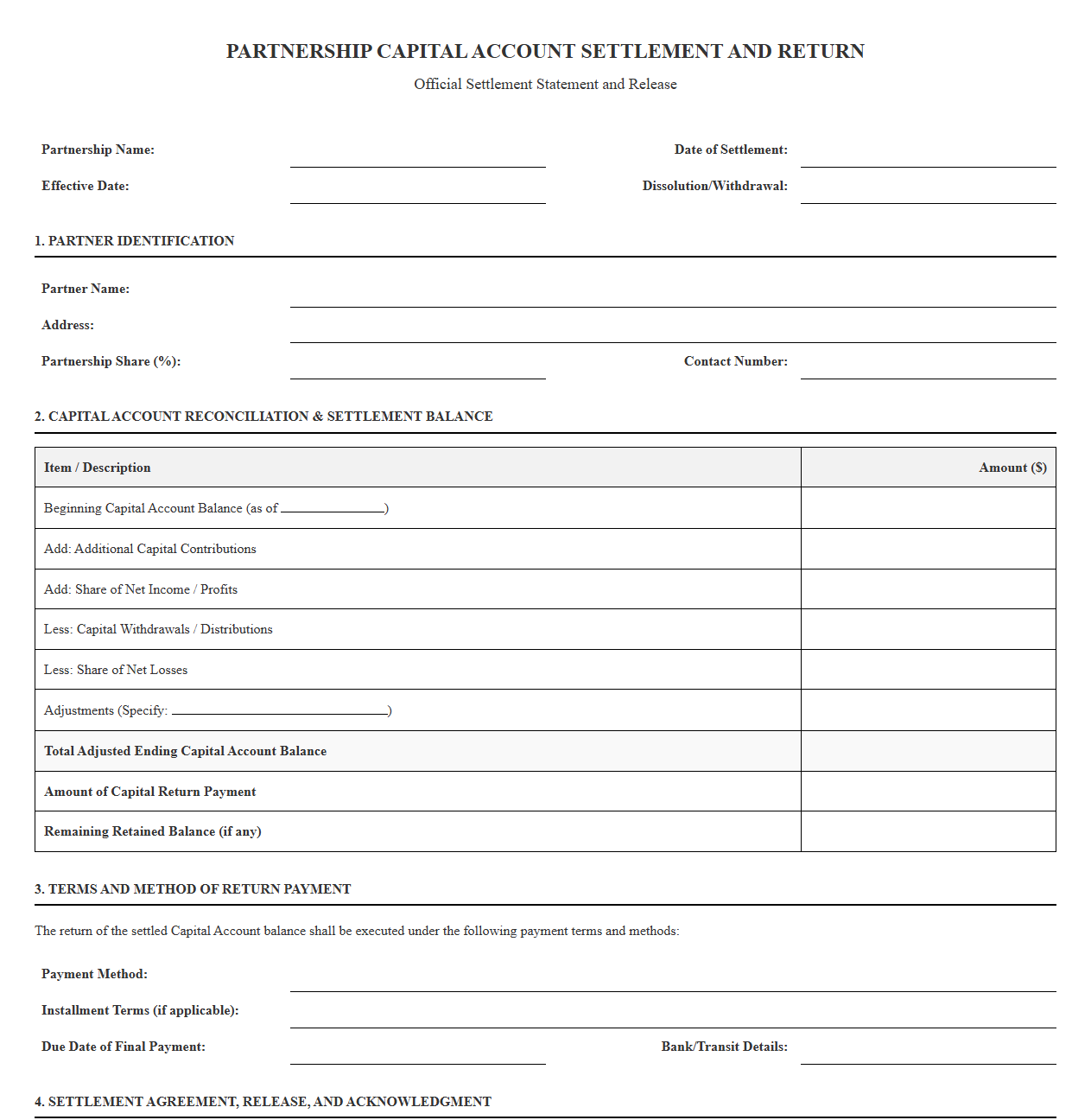 Partnership Capital Account Settlement and Return Template