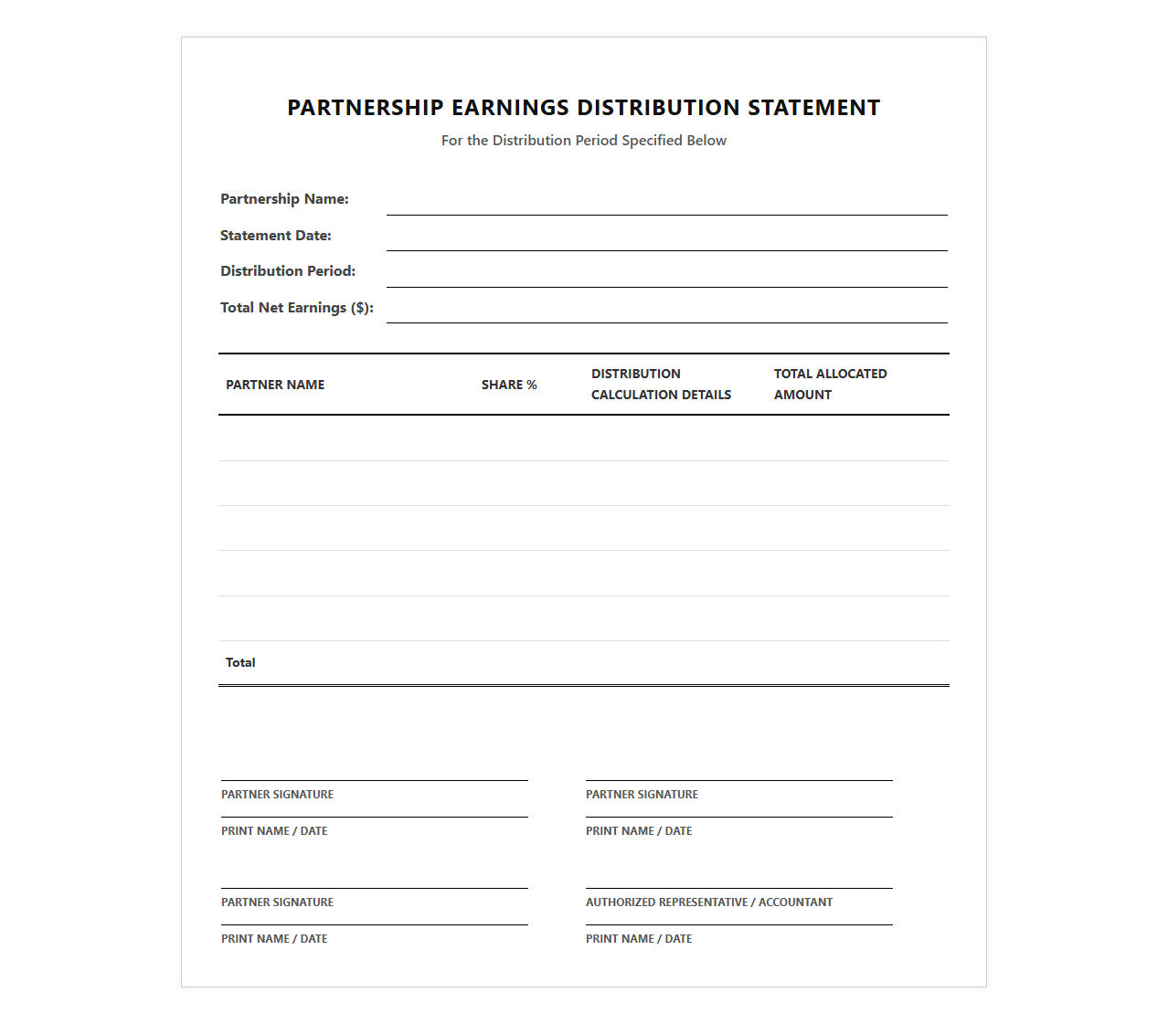 Partnership Earnings Distribution Statement