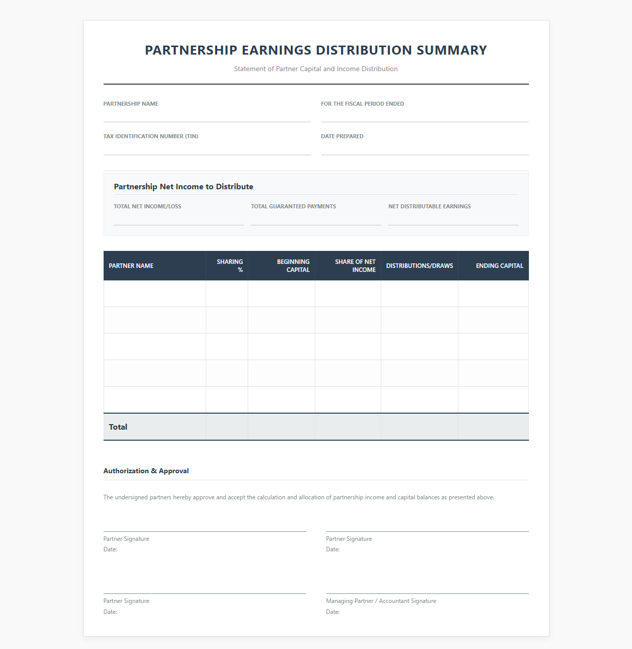 Partnership Earnings Distribution Summary Template