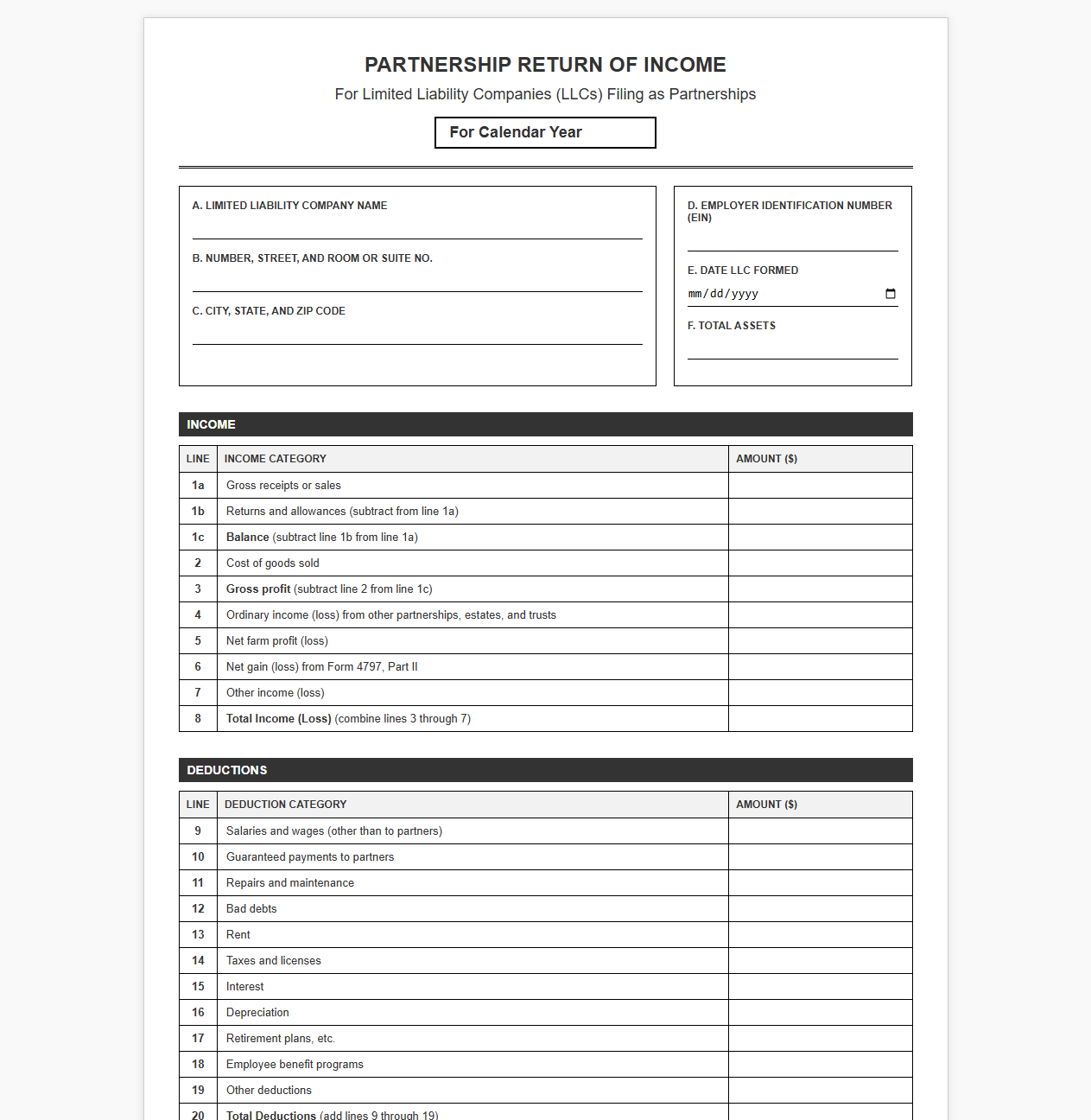 Partnership Filing Template for Limited Liability Companies
