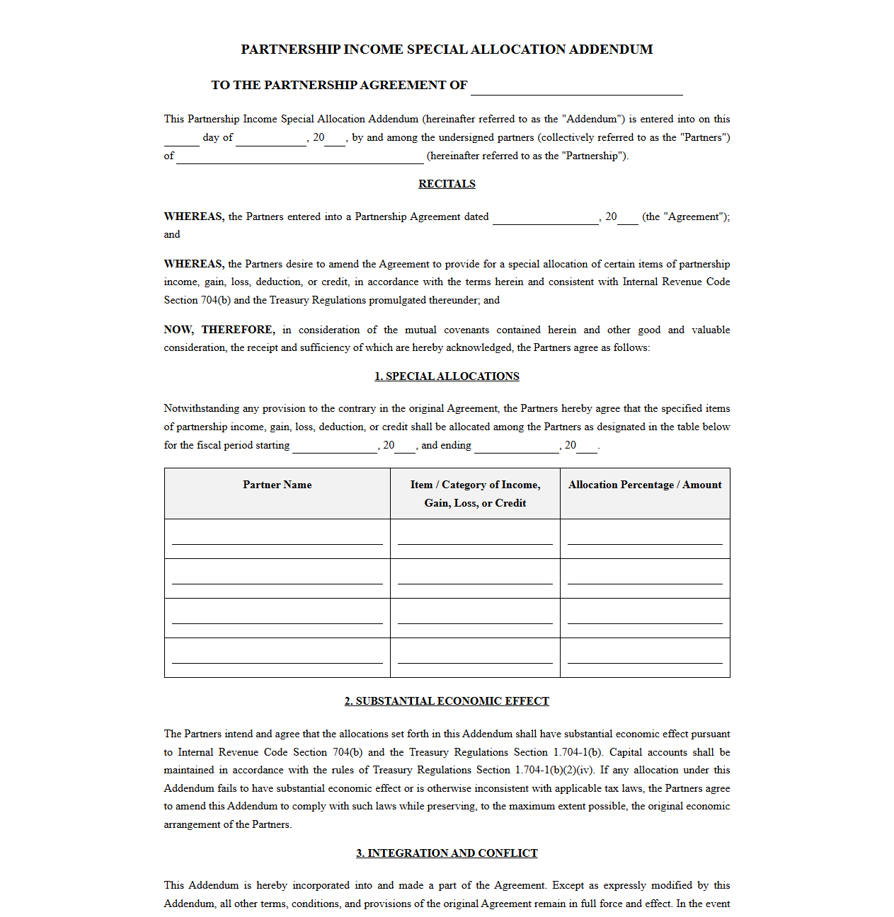 Partnership Income Special Allocation Addendum