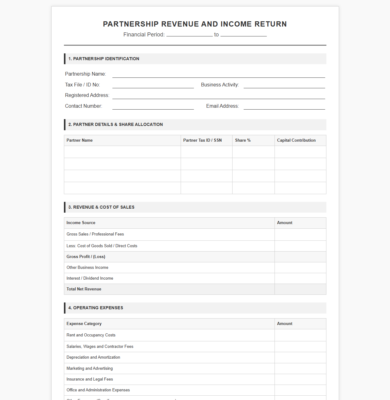 Partnership Revenue and Income Return Template