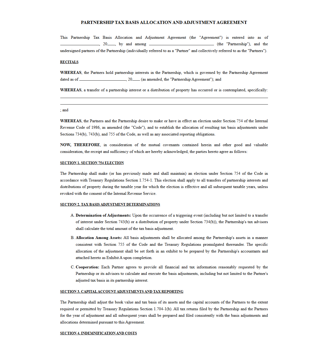 Partnership Tax Basis Allocation and Adjustment Agreement