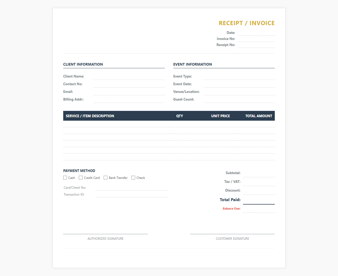 Party Planner Service Invoice Receipt