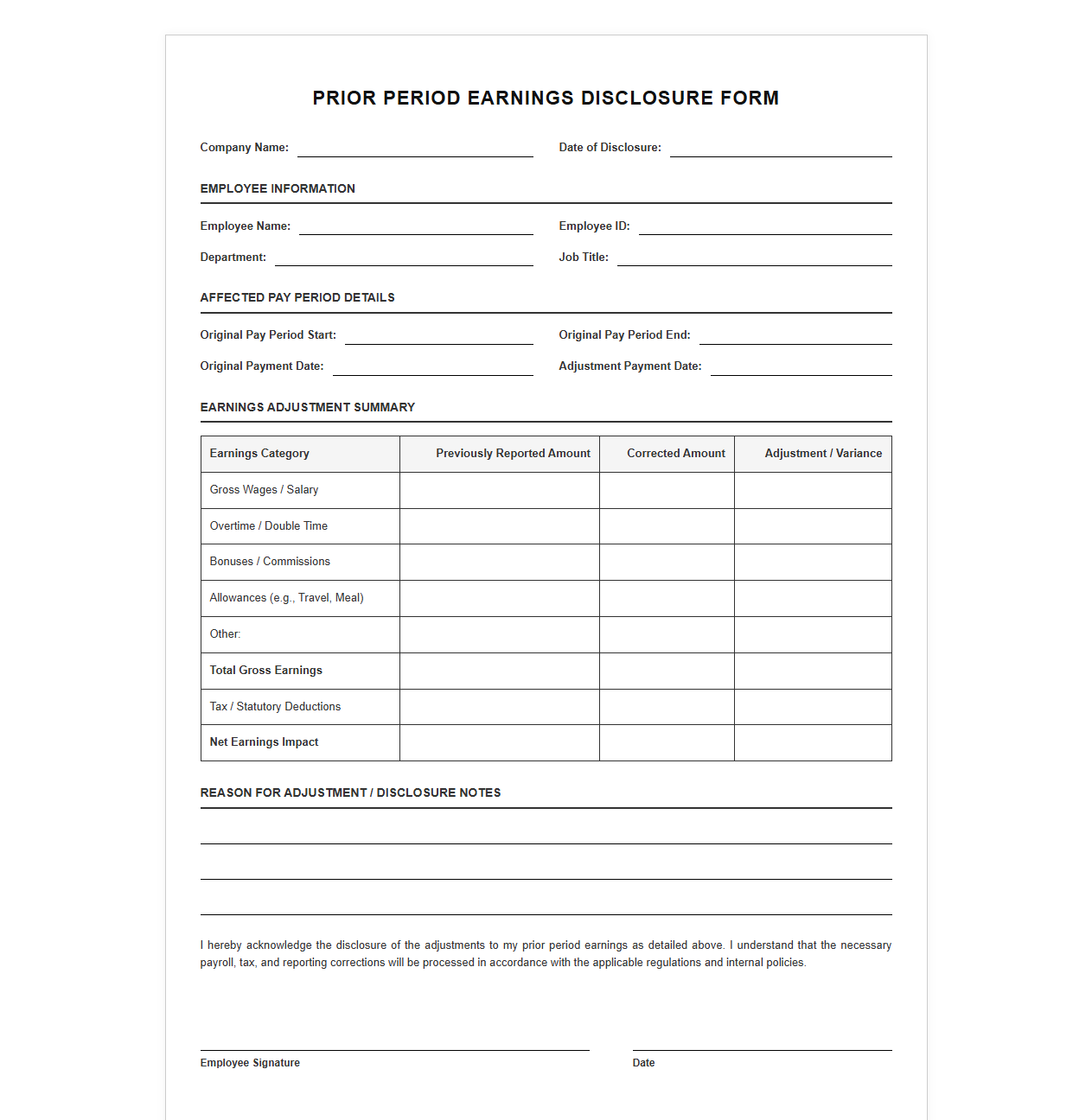 Past Period Earnings Disclosure Form