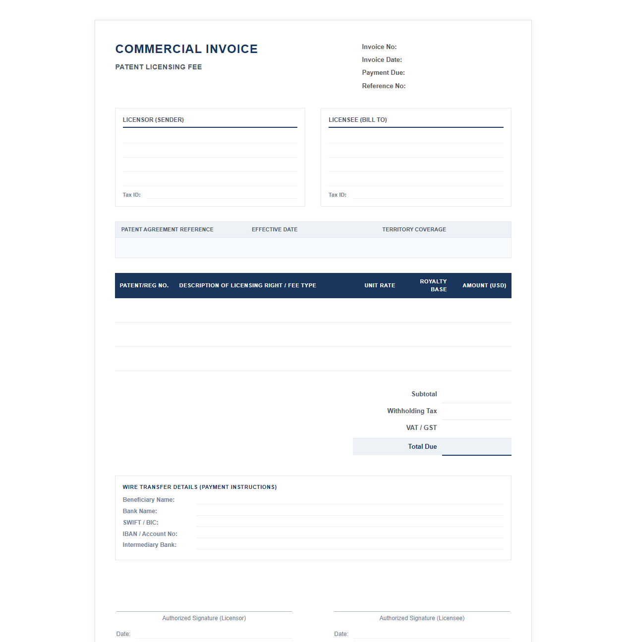 Patent Licensing Fee Commercial Invoice