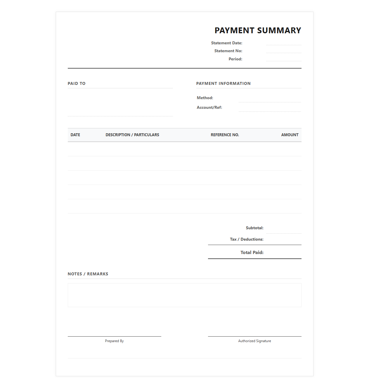 Payment Summary Statement Template