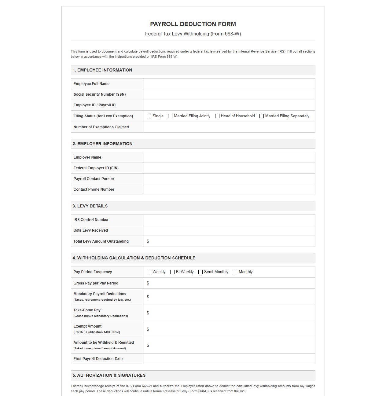 Payroll Deduction Form for Federal Tax Levy