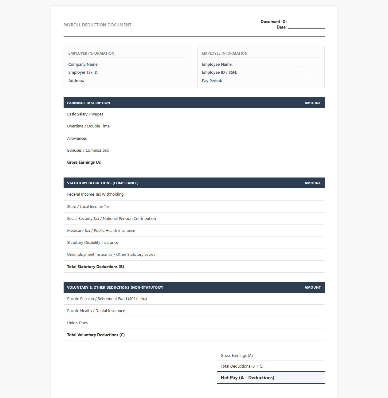 Payroll Deduction Template for Statutory Compliance
