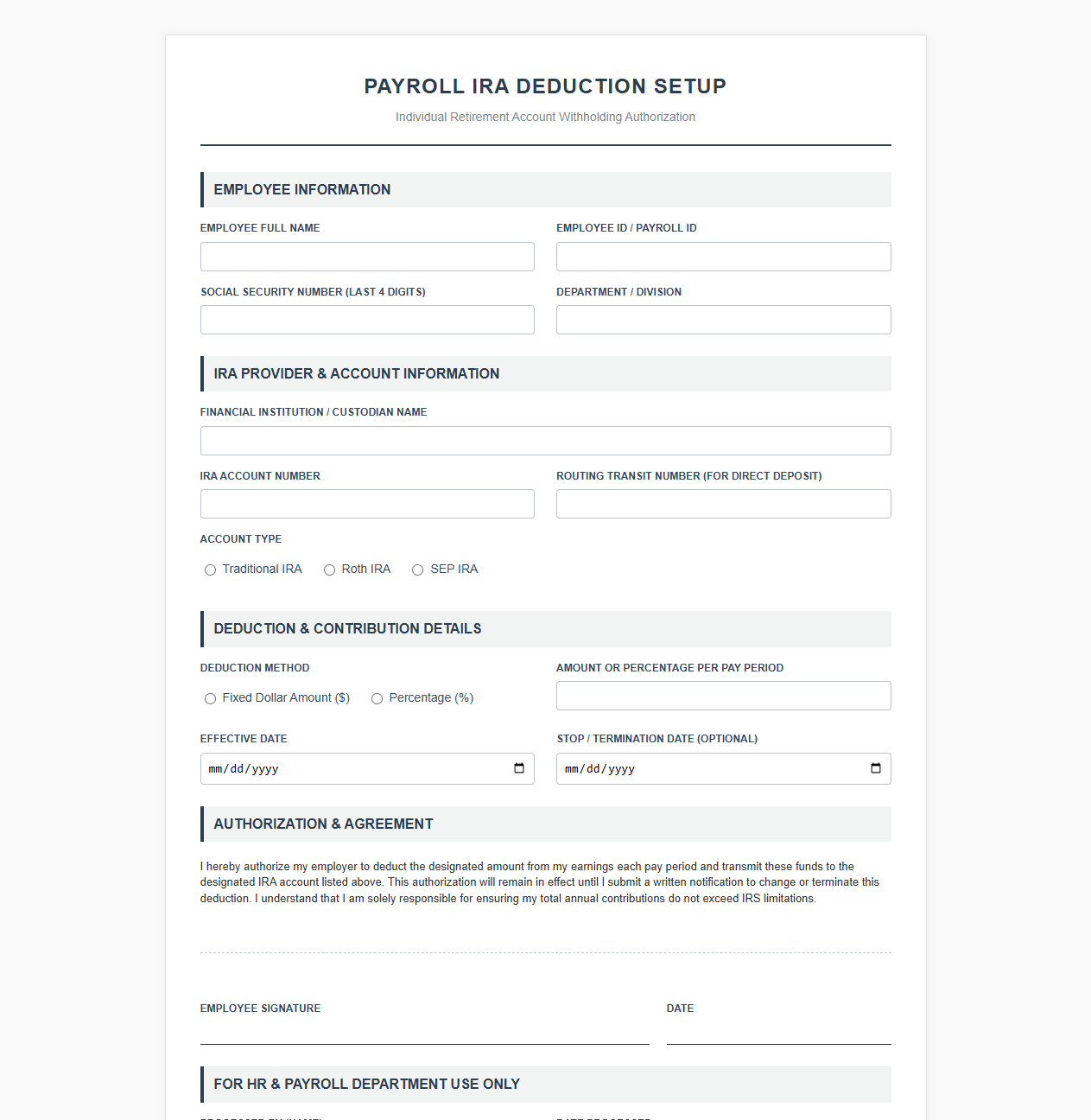Payroll System IRA Deduction Setup Template
