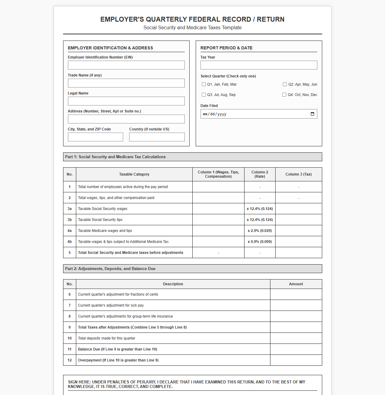 Payroll Tax Return Template for Social Security and Medicare