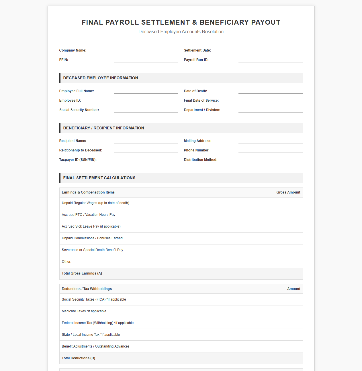 Payroll Template for Final Beneficiary Payouts