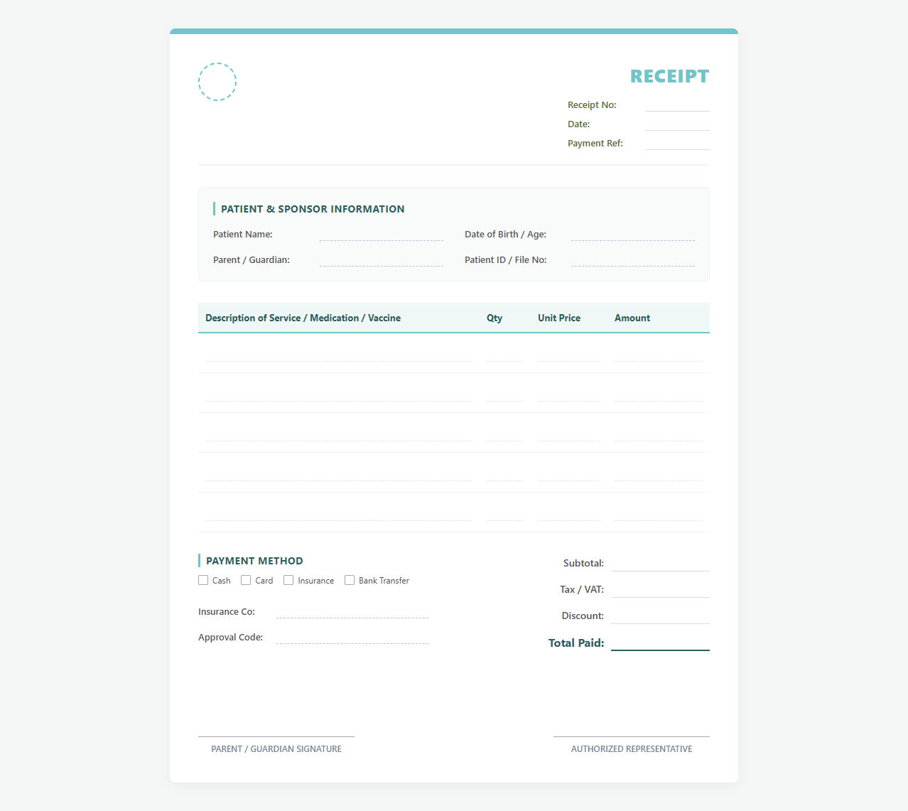 Pediatric Clinic Medical Service Receipt