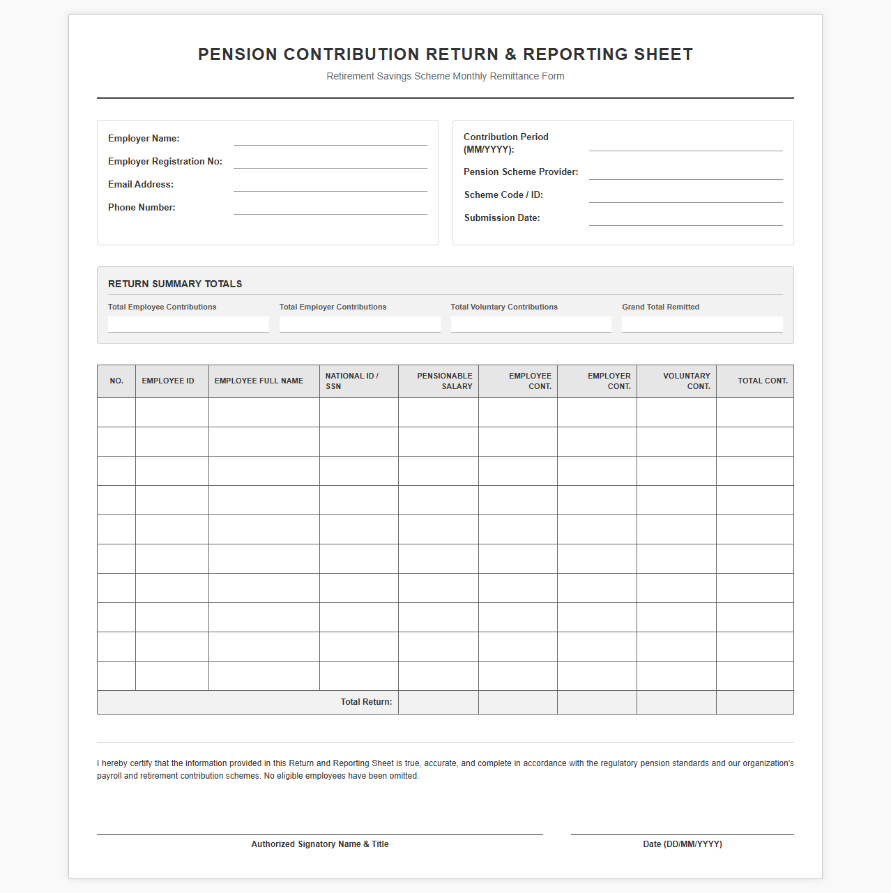 Pension Contribution Return and Reporting Sheet