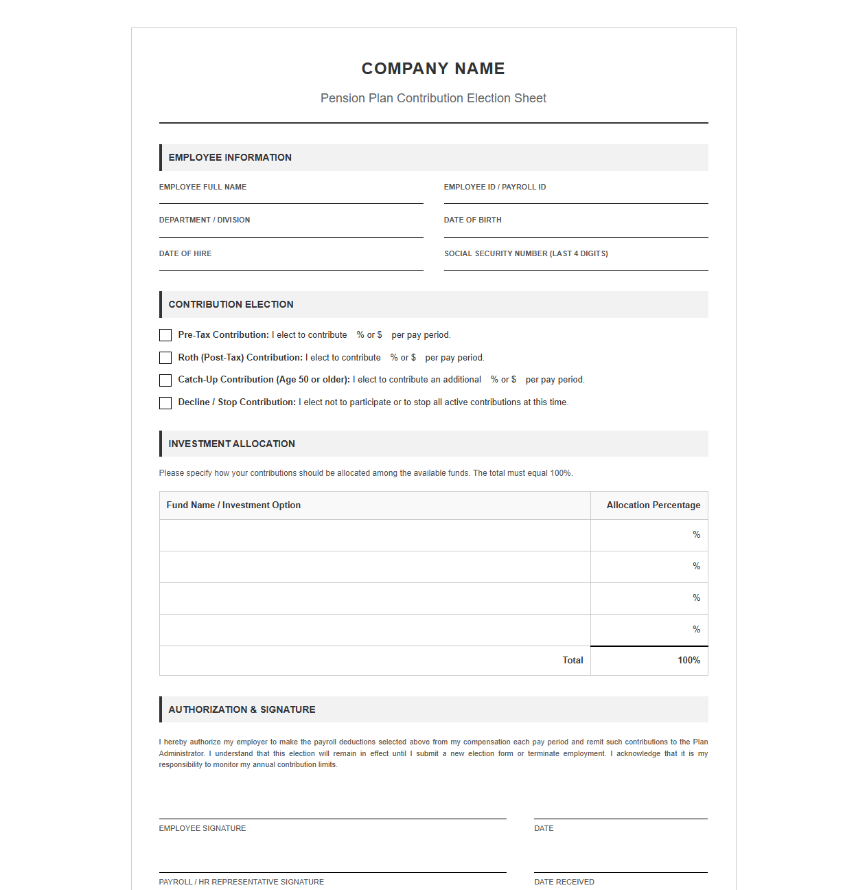 Pension Plan Contribution Election Sheet