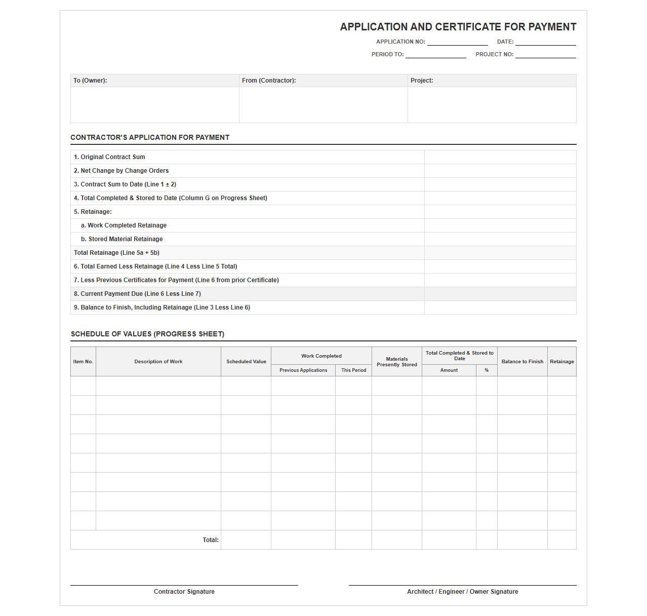 Percent Complete Schedule of Values Invoice