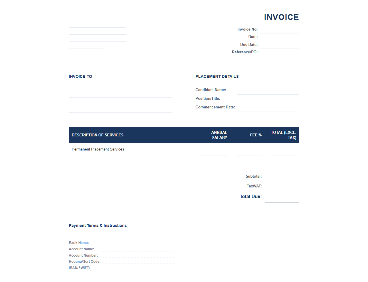 Permanent Placement Recruitment Invoice Template